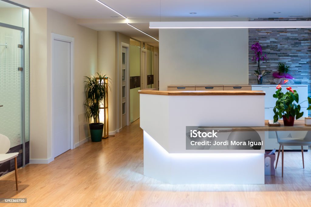 Reception area with reception desk in physioterapy, gym fitness and heatlh center