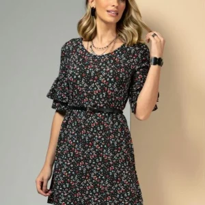 VESTIDO CINZA CHUMBO COM ESTAMPA FLORAL