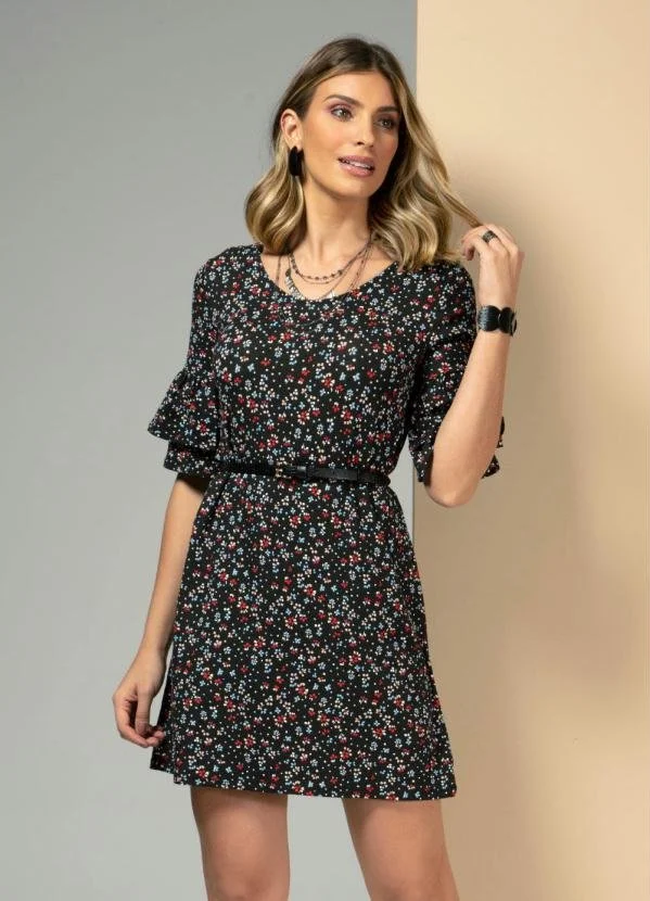 VESTIDO CINZA CHUMBO COM ESTAMPA FLORAL